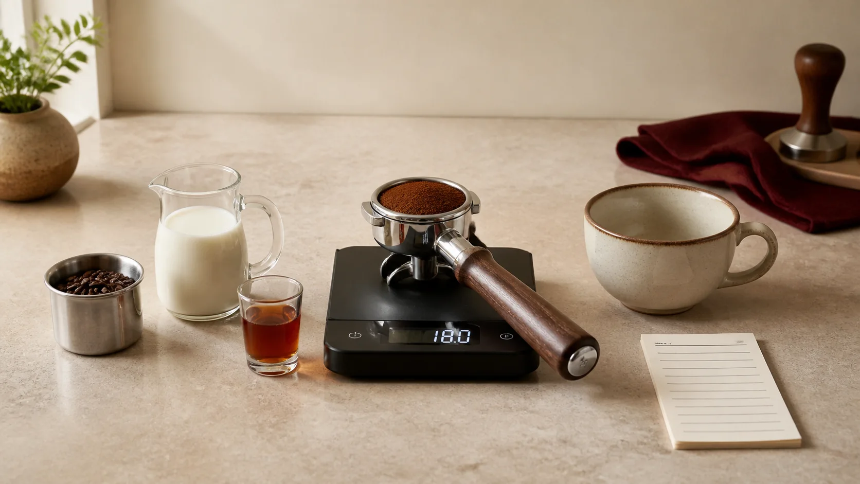 An espresso drink recipe arranged from weighed beans and milk to a prepared portafilter, scale, and serving cup.
